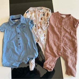 6 m/o bundle - chambray romper, organic onesie, littlesleepies onesie